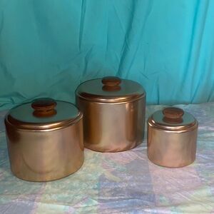 Set of 3 Mirro Copper Rose Gold Aluminum Canisters  5” 7” 8” vintage nice shape
